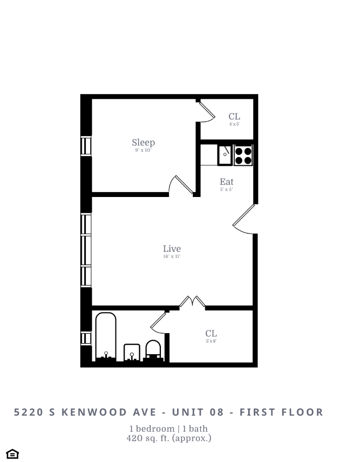 Floor plan for 1 bed, 1 bath, 420 sqft